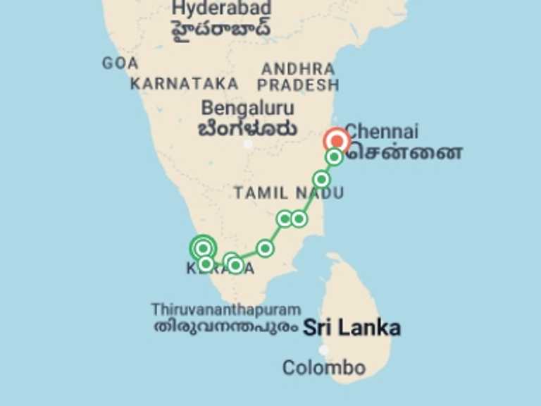 Map of 13-Day India Tour with 10 destination visits for the trip: Best of Kerala & Tamil Nadu