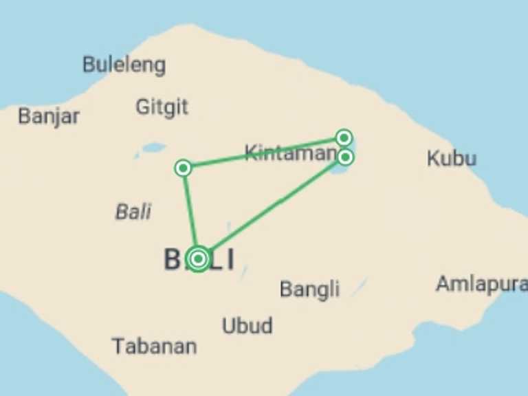 Map of Indonesia Volcanoes Tour with 3 destination visits for the trip: Bali Cross Country: 2 Days