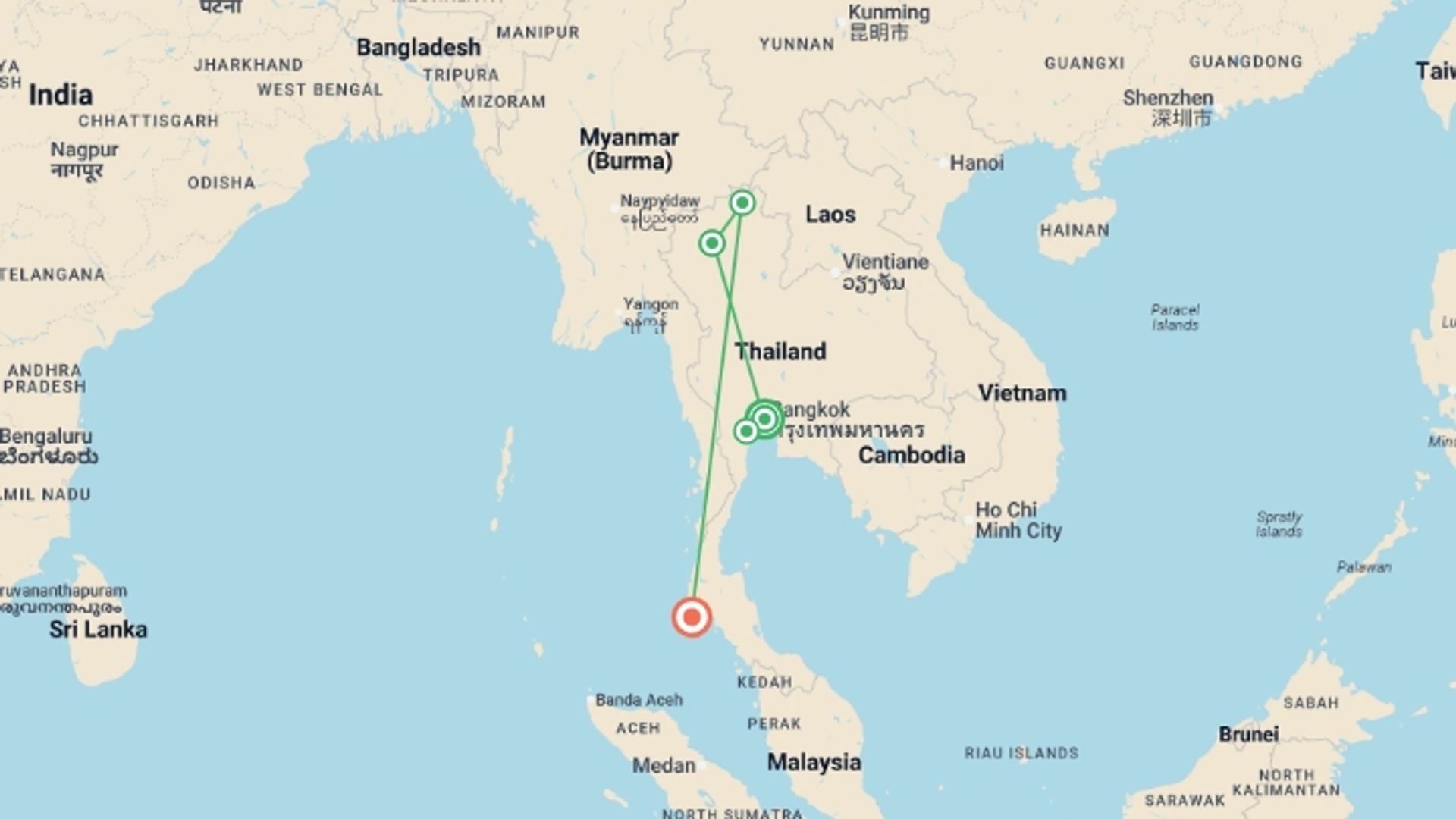A map showing the tour itinerary for the trip: Bangkok, Golden Triangle & Phuket Superior With Domestic Flights Included, starting in Bangkok, Thailand and ending in Phuket, Thailand going through 2 other destinations.