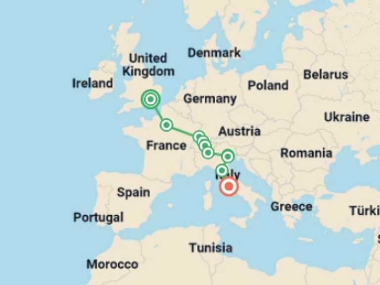 Map itinerary of London Tour in May 2027 with 2 destination visits for the trip: Treasures of Europe from London to Rome