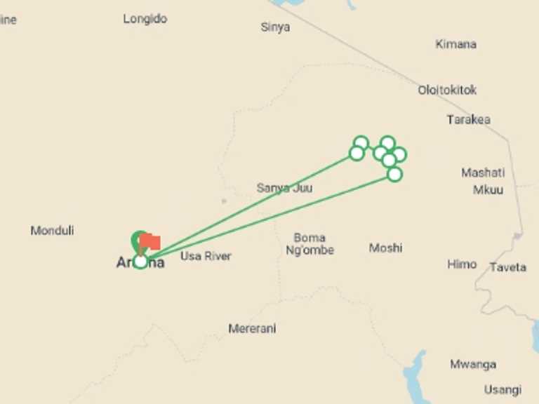 Map itinerary of Tanzania Tour in April 2027 with 9 destination visits for the trip: Kilimanjaro - Machame route, 7 day Private