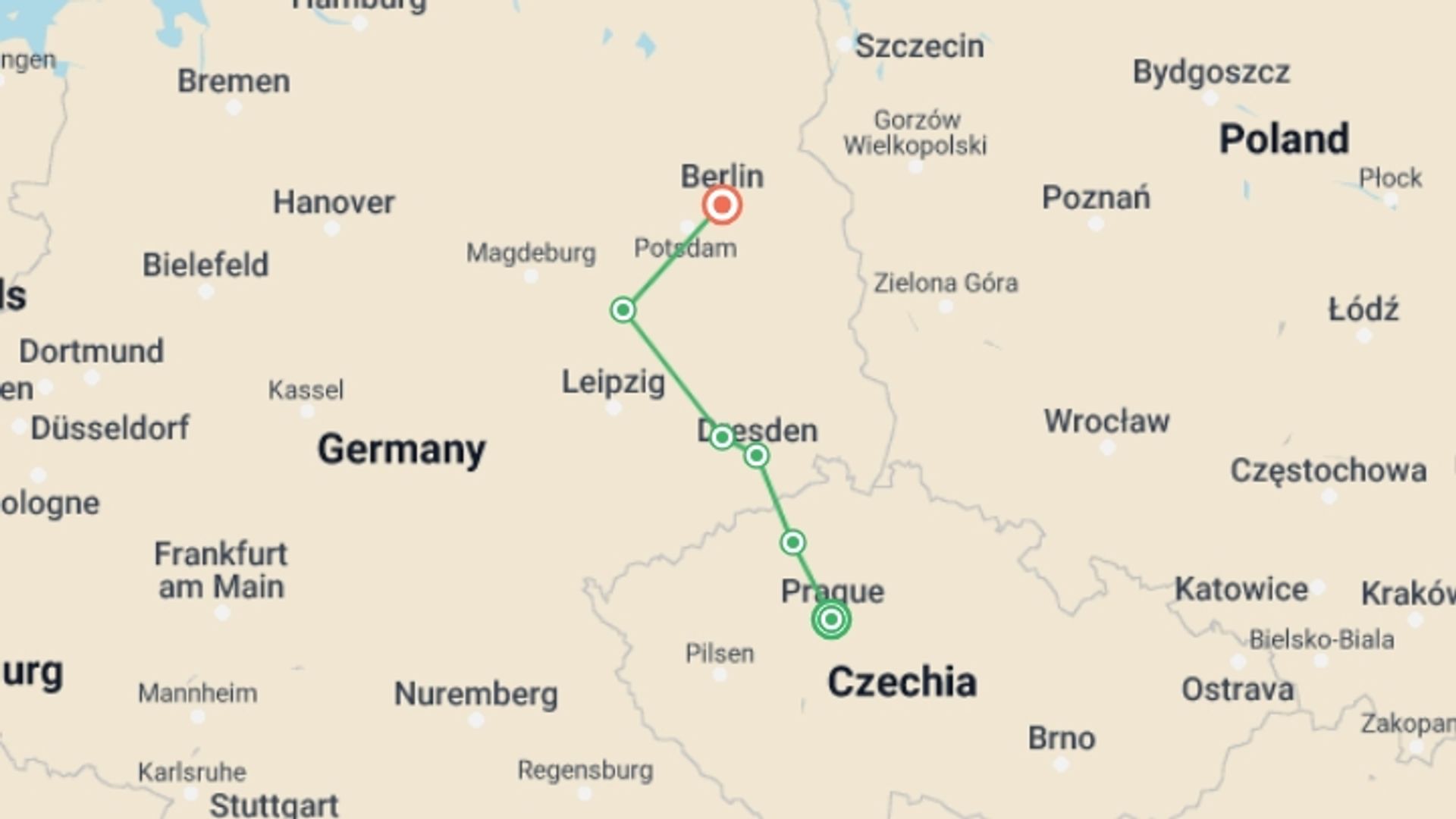 A map showing the tour itinerary for the trip: From Prague to Berlin: Cruise on the Vltava and Elbe Rivers (port-to-port cruise), starting in Prague, Czech Republic and ending in Berlin, Germany going through 4 other destinations.