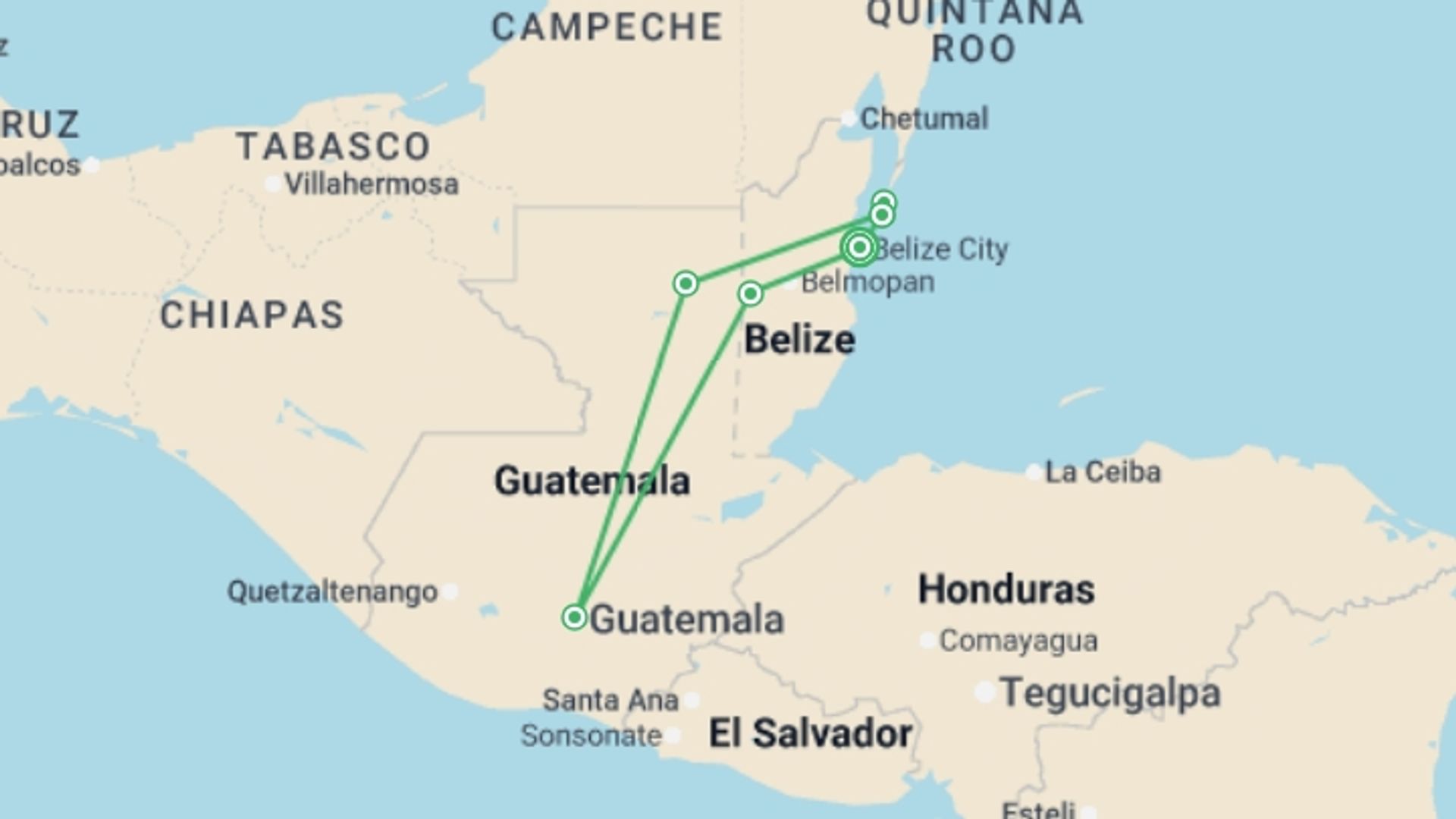 A map showing the tour itinerary for the trip: Belize Reef & Ruins, starting in Belize City, Belize and ending in Belize City, Belize going through 5 other destinations.