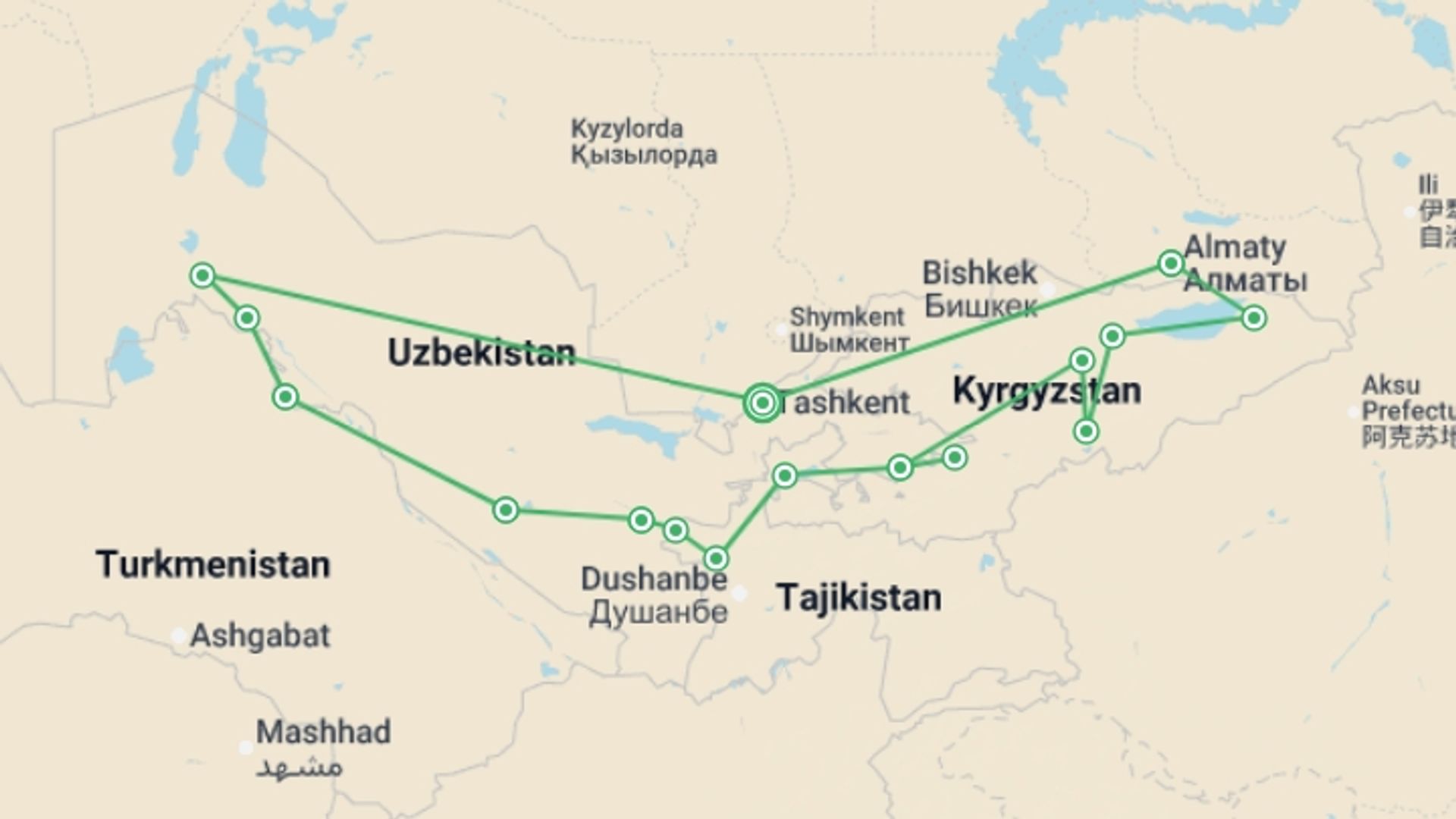 A map showing the tour itinerary for the trip: Silk Road Adventure, starting in Tashkent, Uzbekistan and ending in Tashkent, Uzbekistan going through 15 other destinations.