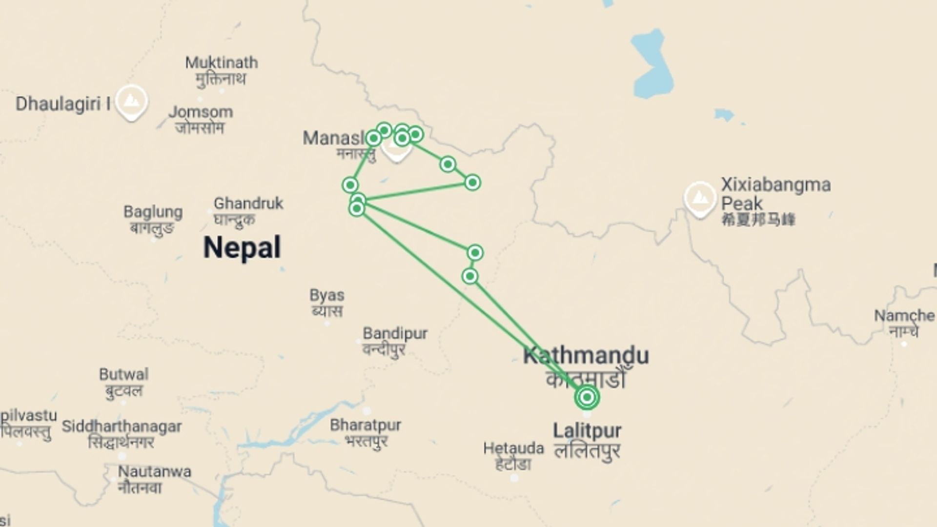 A map showing the tour itinerary for the trip: Around Manaslu Trek, starting in Kathmandu, Nepal and ending in Kathmandu, Nepal going through 12 other destinations.
