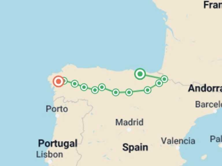 Map of Spain Tour with 14 destination visits for the trip: Best of the Spanish Camino