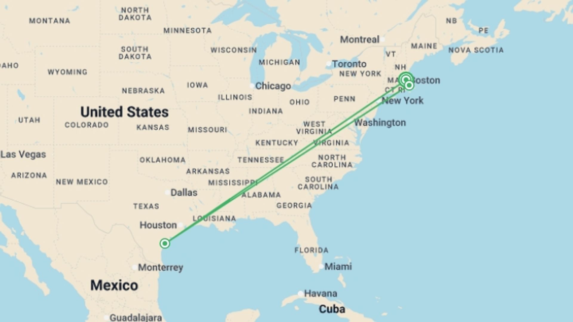 A map showing the tour itinerary for the trip: Best of Boston & Massachusetts - 4 days, starting in Boston, USA and ending in Boston, USA going through 2 other destinations.