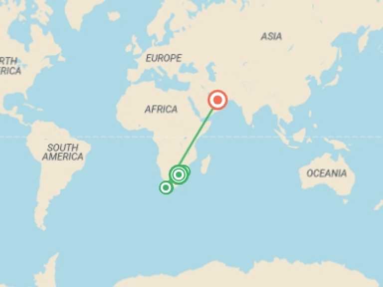 Map itinerary of Middle East Tour in September 2026 with 6 destination visits for the trip: South Africa & Dubai Explorer - 11 days