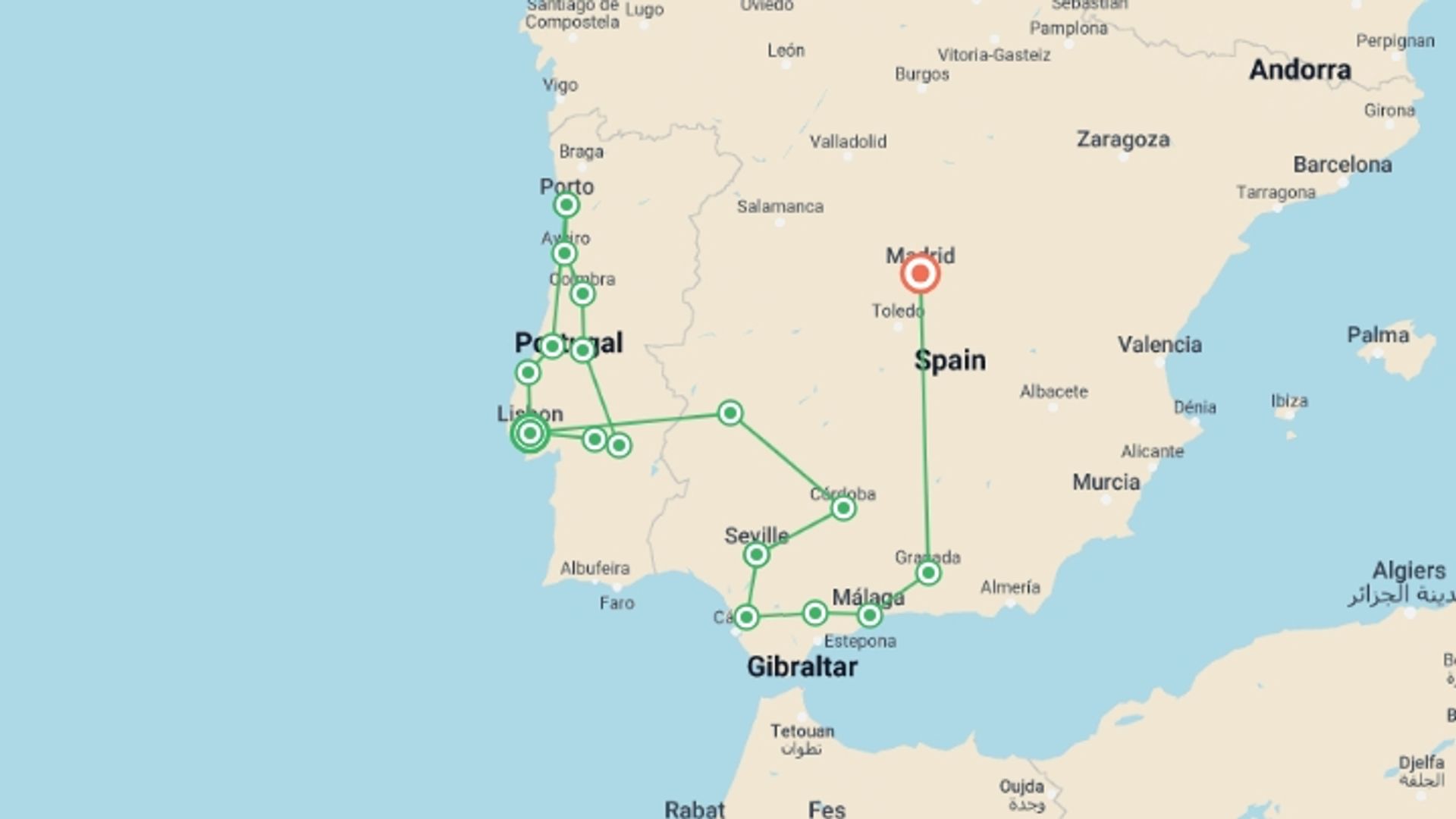 A map showing the tour itinerary for the trip: From Lisbon to Madrid: A 15-Day Small Group Tour, starting in Lisbon, Portugal and ending in Madrid, Spain going through 7 other destinations.