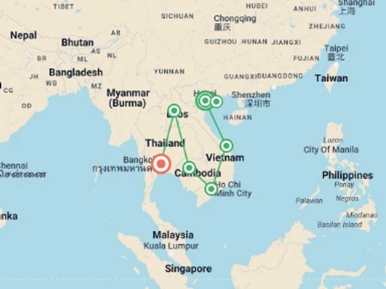 Map of Hanoi Local culture Tour with 2 destination visits for the trip: Kingdoms of Southeast Asia Vietnam, Cambodia, Laos and Thailand
