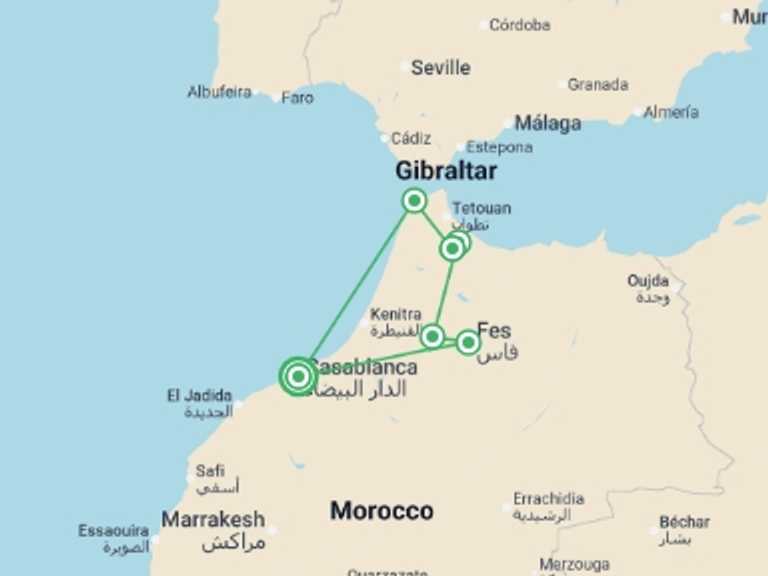 Map itinerary of Mediterranean Tour in April 2026 with 6 destination visits for the trip: Discover North Morocco & Chefchaouen