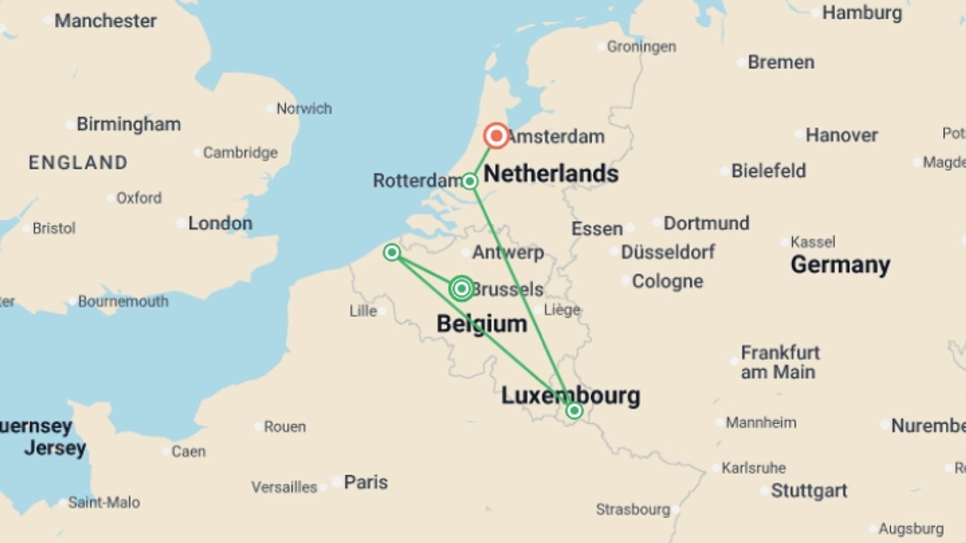A map showing the tour itinerary for the trip: Country Roads of Belgium, Luxembourg & the Netherlands, starting in Brussels, Belgium and ending in Amsterdam, Holland going through 3 other destinations.