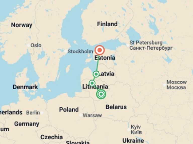 Map of a Explorer Tour with 3 destination visits for the trip: New Year Highlights of the Baltics - 8 days