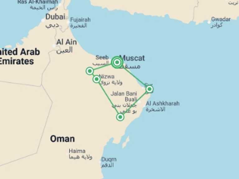 Map of Middle East Tour with 5 destination visits for the trip: Discover Oman