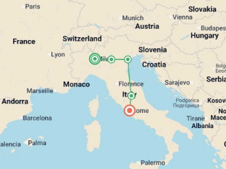 Map itinerary of Italy Tour in January 2026 with 5 destination visits for the trip: Italian Holidays