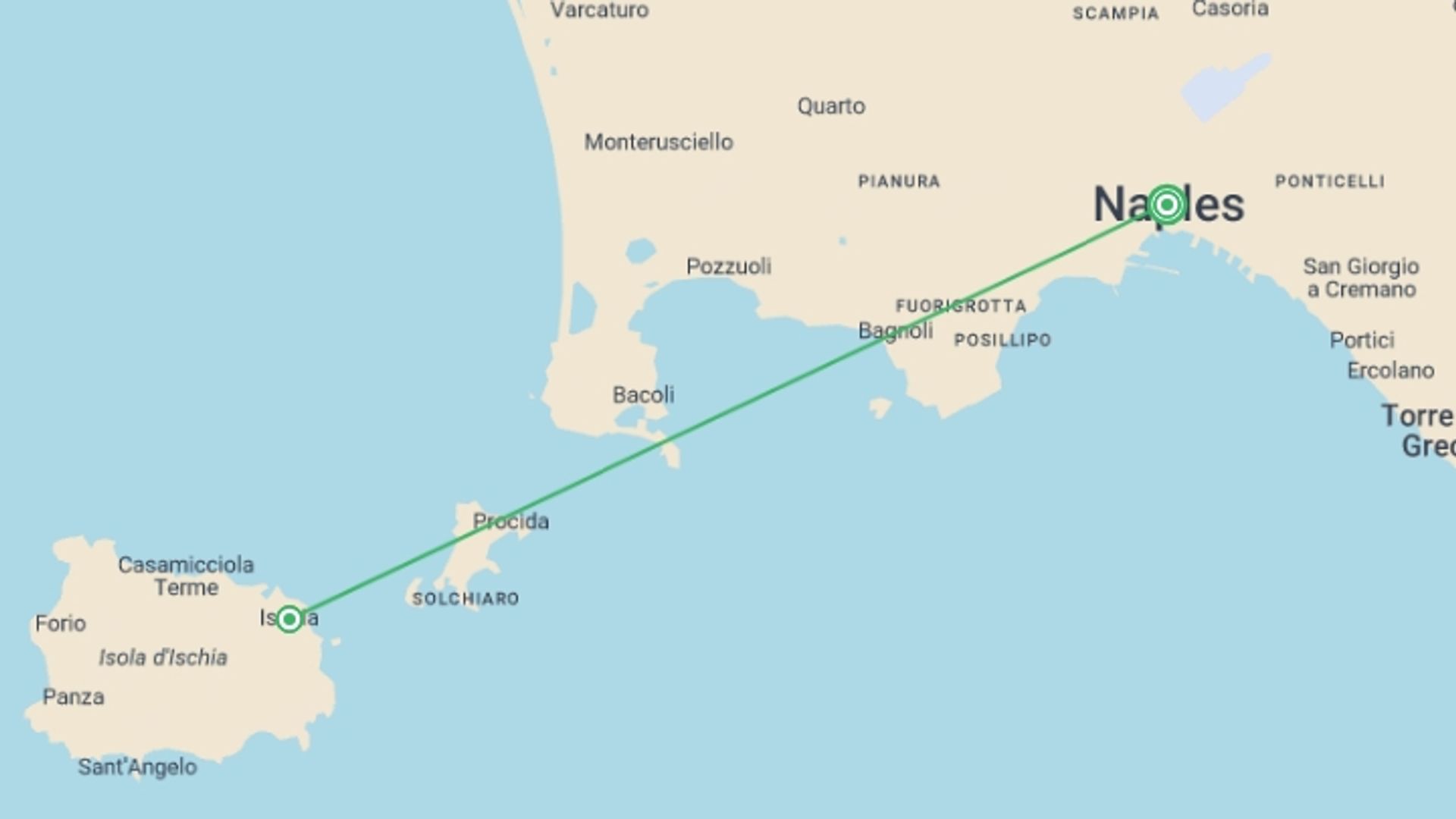 A map showing the tour itinerary for the trip: Campania Thermal Baths, Private Tour, starting in Naples, Italy and ending in Naples, Italy going through 1 other destinations.