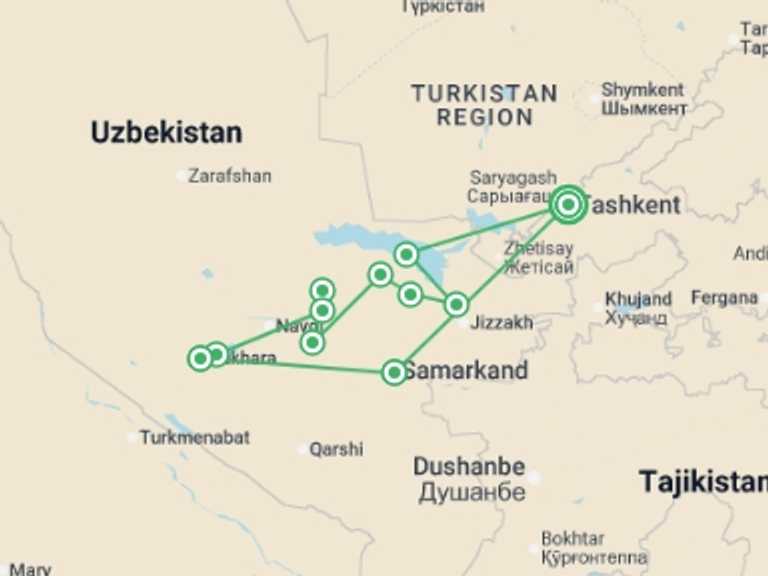 Map itinerary of Uzbekistan Tour in Spring with 11 destination visits for the trip: Uzbekistan by Bike