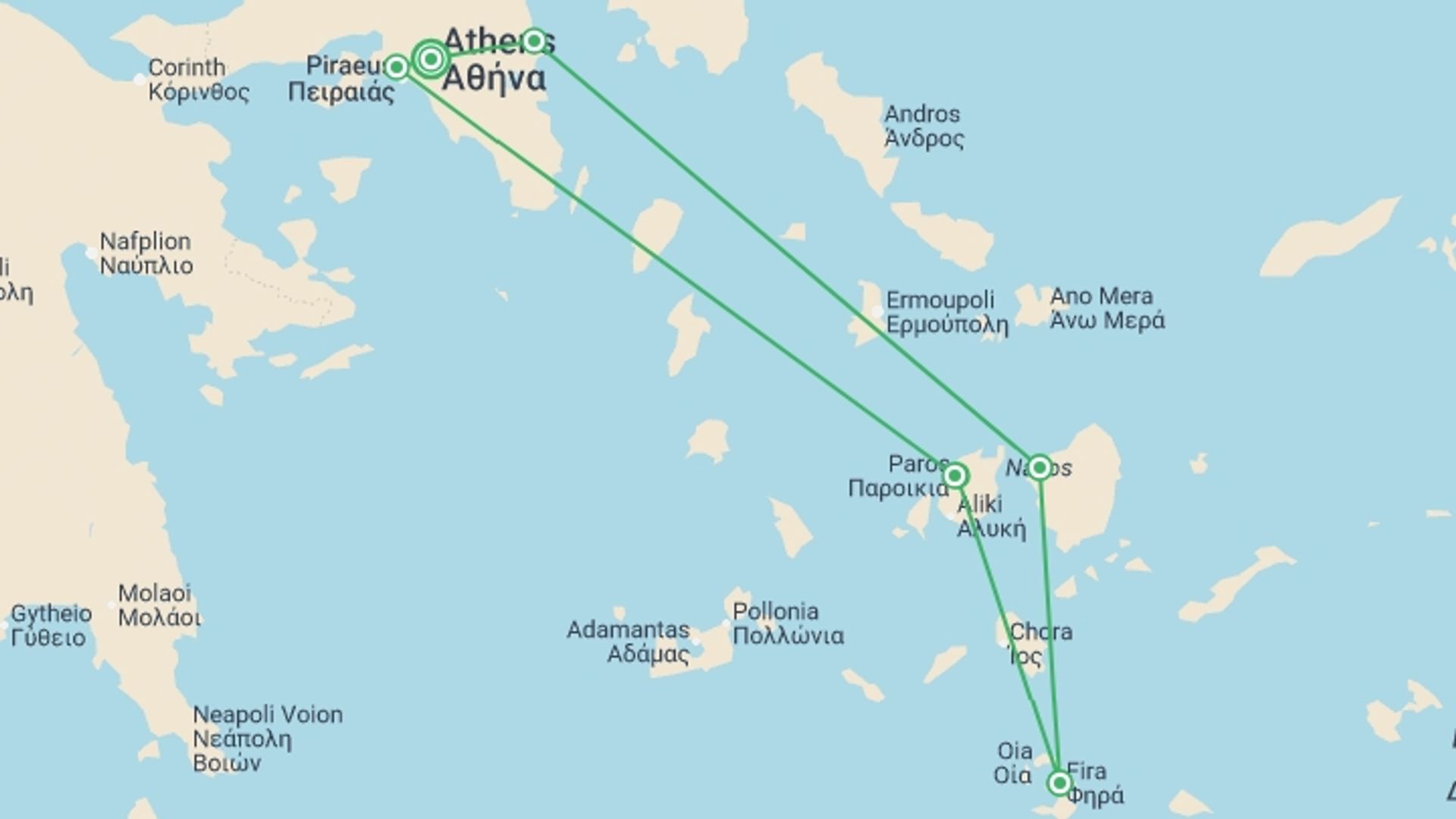 A map showing the tour itinerary for the trip: Walking on the Greek Islands, starting in Athens, Greece and ending in Athens, Greece going through 6 other destinations.