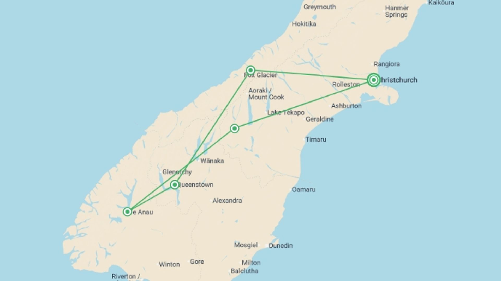 A map showing the tour itinerary for the trip: New Zealand: Sweet As South, starting in Christchurch, New Zealand and ending in Christchurch, New Zealand going through 1 other destinations.