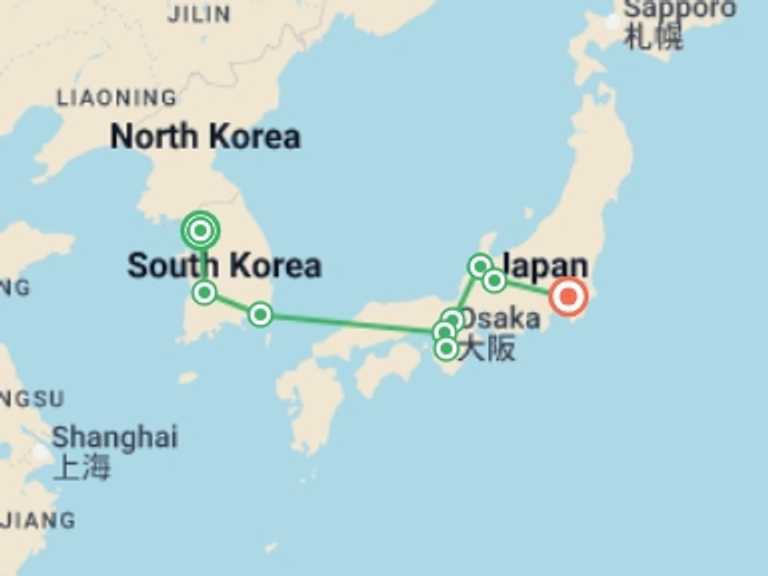 Map of Asia Tour with 9 destination visits for the trip: Traditional Korea and Japan