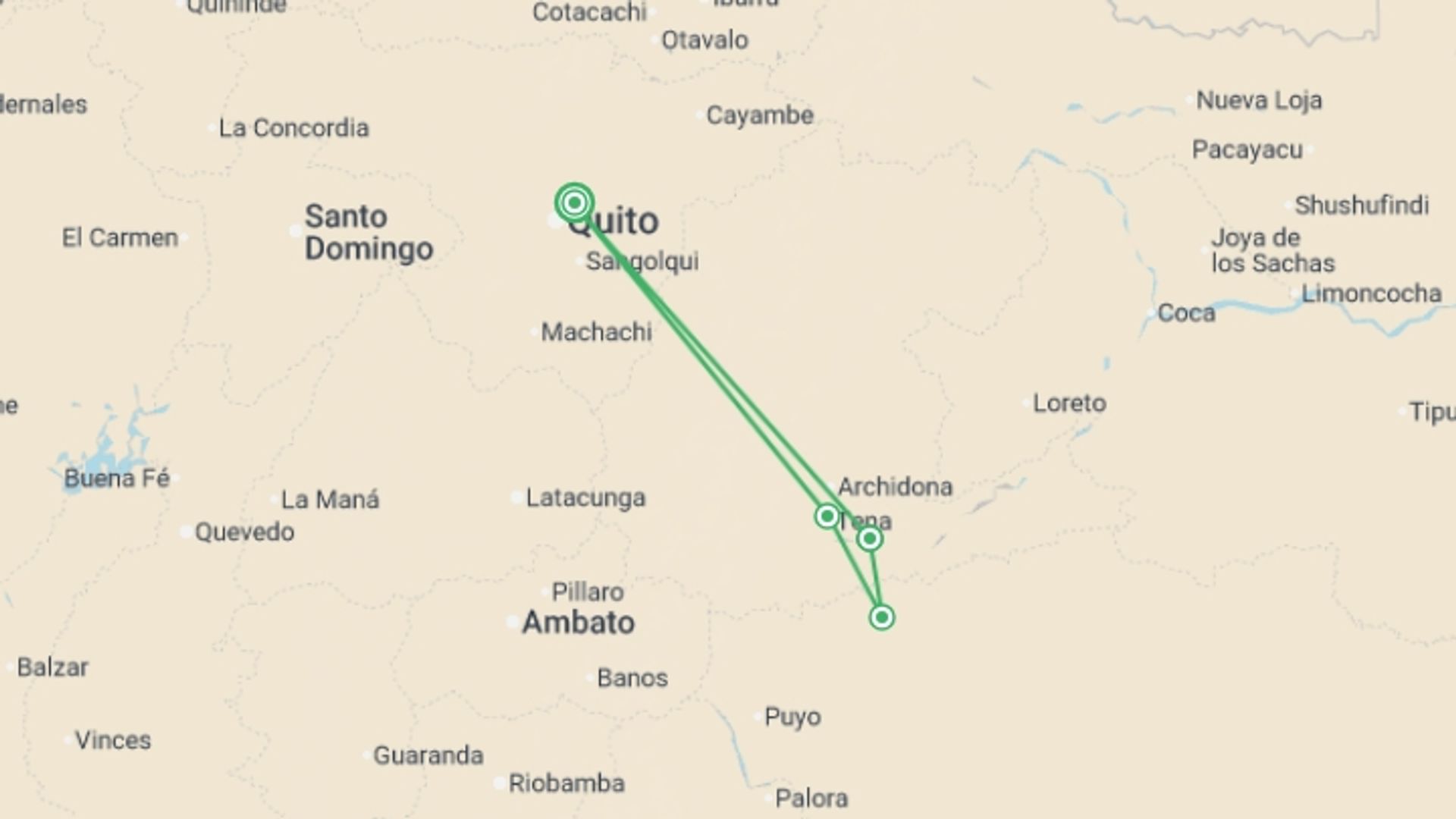 A map showing the tour itinerary for the trip: Tena Amazon Eco-Lodge Adventure 4D/3N, starting in Quito, Ecuador and ending in Quito, Ecuador going through 1 other destinations.