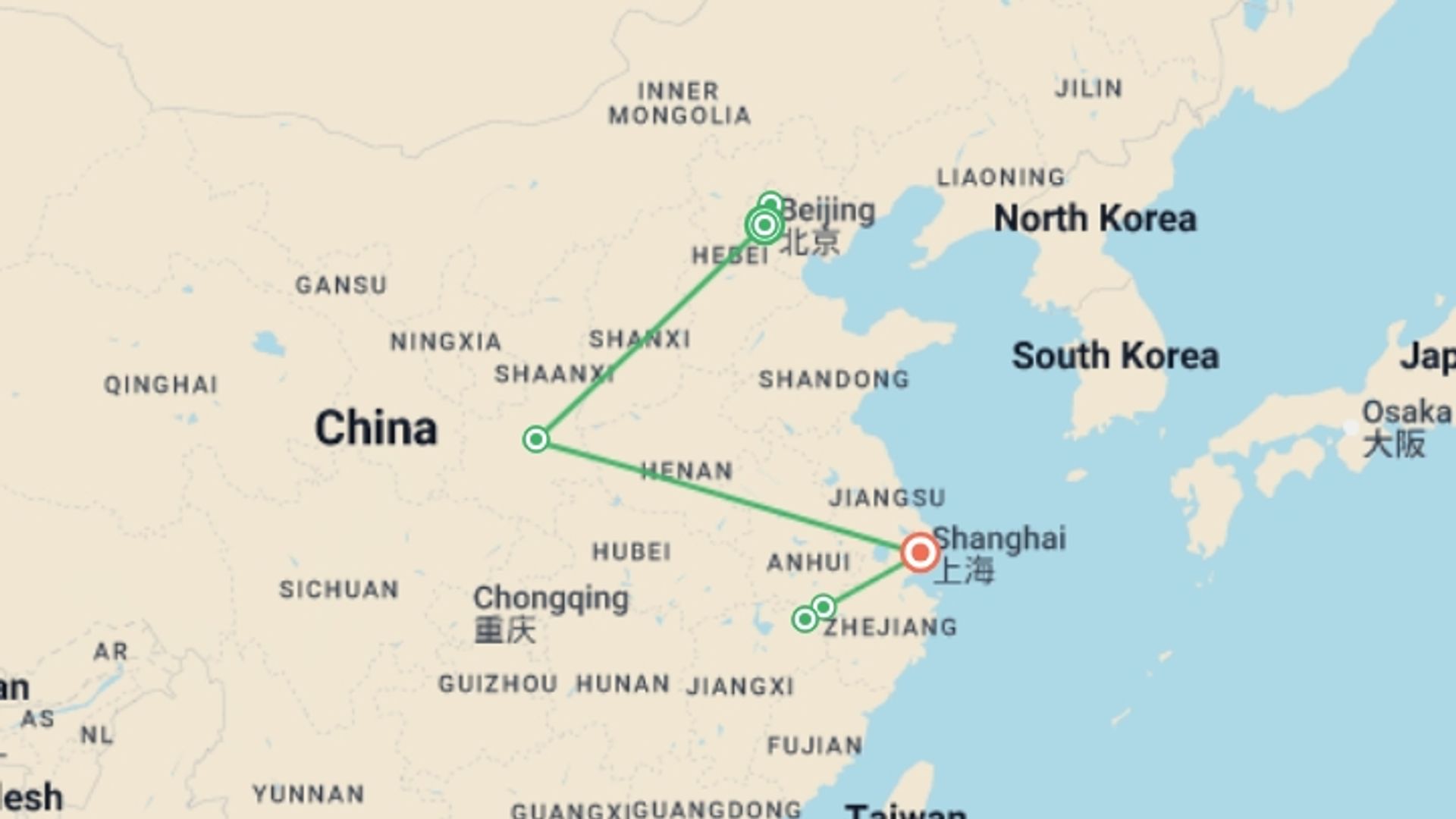 A map showing the tour itinerary for the trip: North China Getaway, starting in Beijing, China and ending in Shanghai, China going through 4 other destinations.