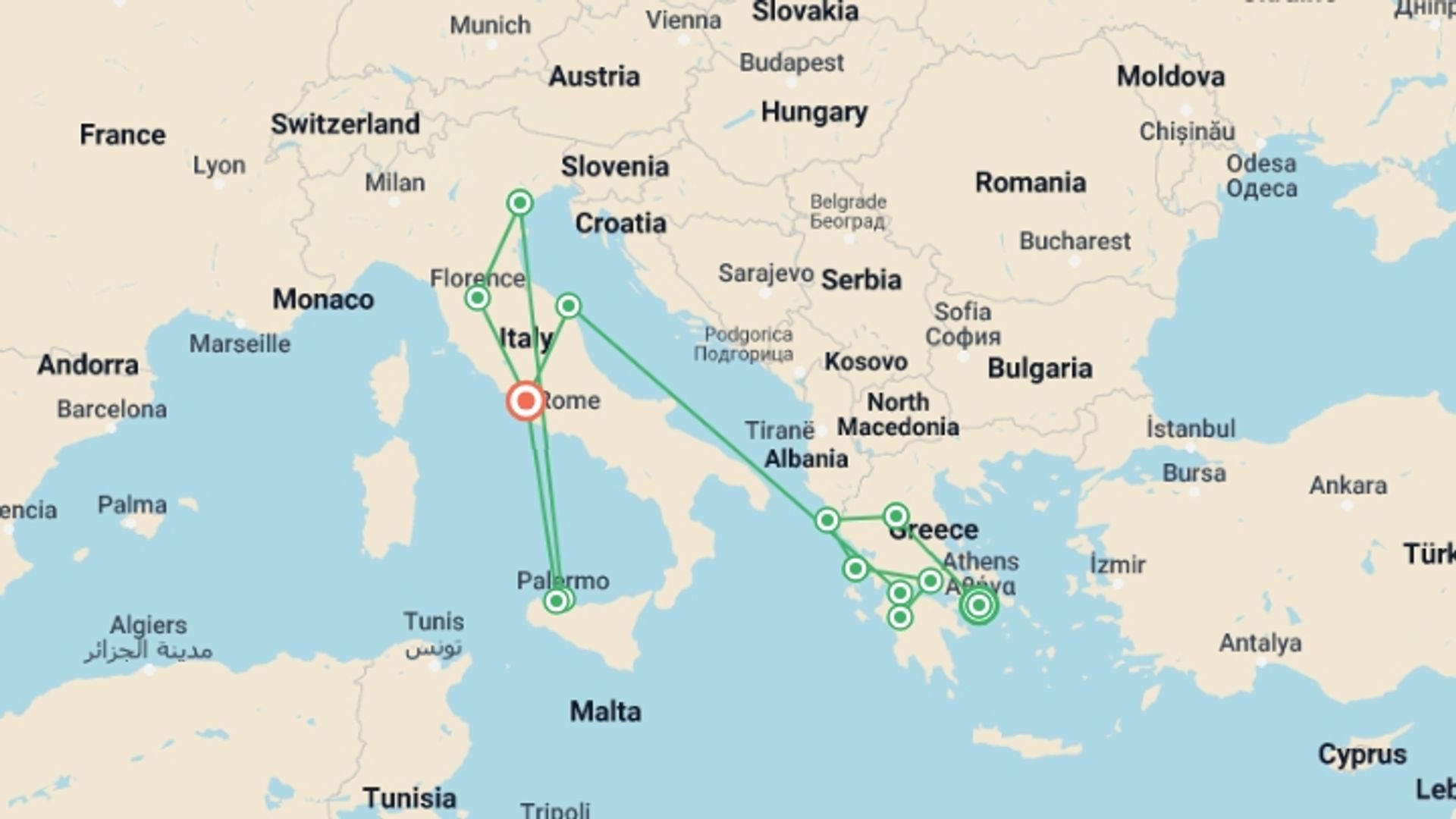 A map showing the tour itinerary for the trip: Highlights of Greece and Southern Italy, starting in Athens, Greece and ending in Rome, Italy going through 8 other destinations.