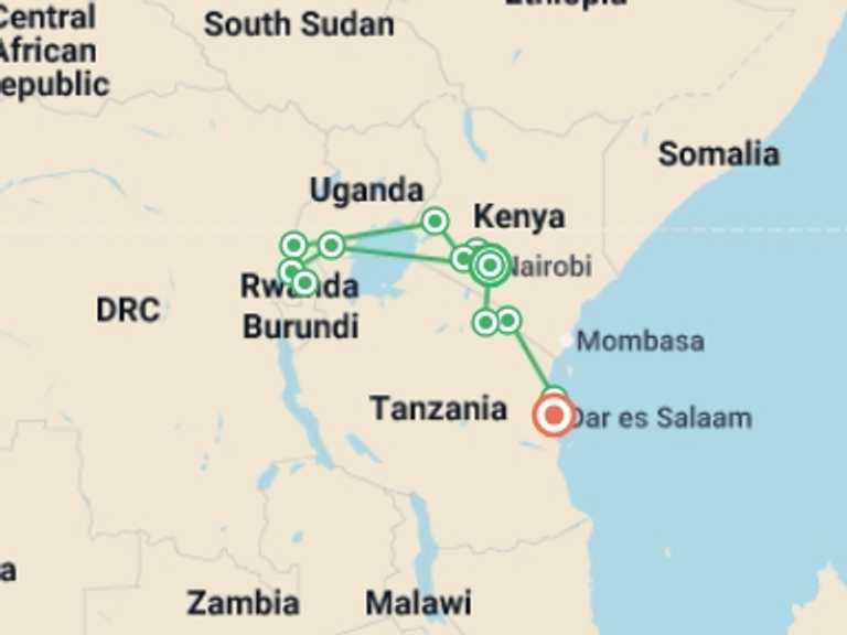 Map itinerary of Lake Mburo National Park Tour in November 2026 with 11 destination visits for the trip: Nairobi To Dar Es Salaam (34 Days)