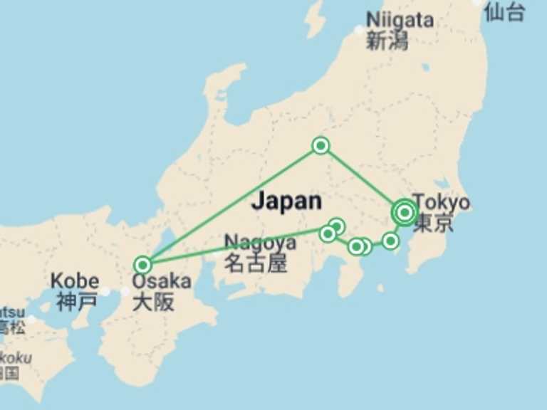 Map itinerary of Asia Tour in July 2026 with 4 destination visits for the trip: Corners of Japan with Mount Fuji