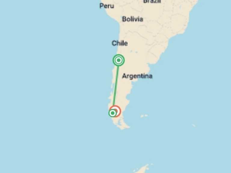Map of Argentina and Chile Tour with 3 destination visits for the trip: Patagonian Adventure