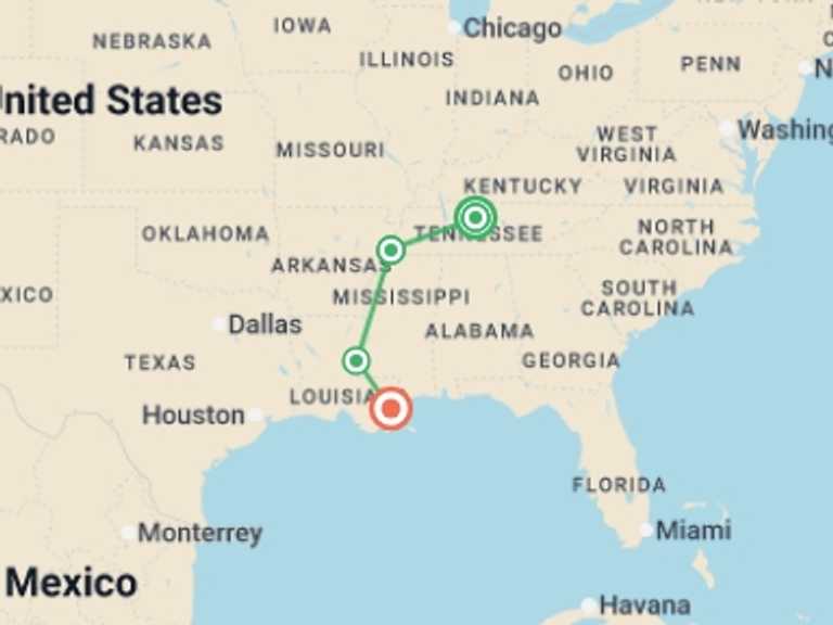 Map of North America Explorer Tour with 4 destination visits for the trip: Rhythms of the South
