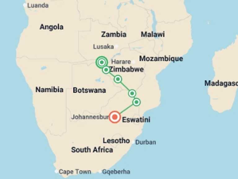 Map of Africa Wildlife safaris and game drives Tour with 6 destination visits for the trip: Vic Falls to Kruger