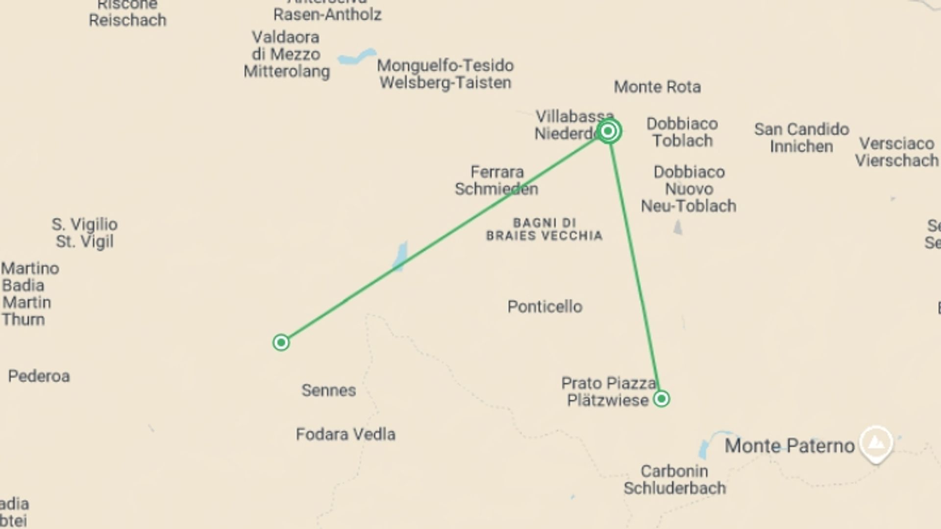 A map showing the tour itinerary for the trip: Snowshoeing in the Dolomites - Premium Adventure, starting in Niederdorf, Italy and ending in Niederdorf, Italy going through 4 other destinations.