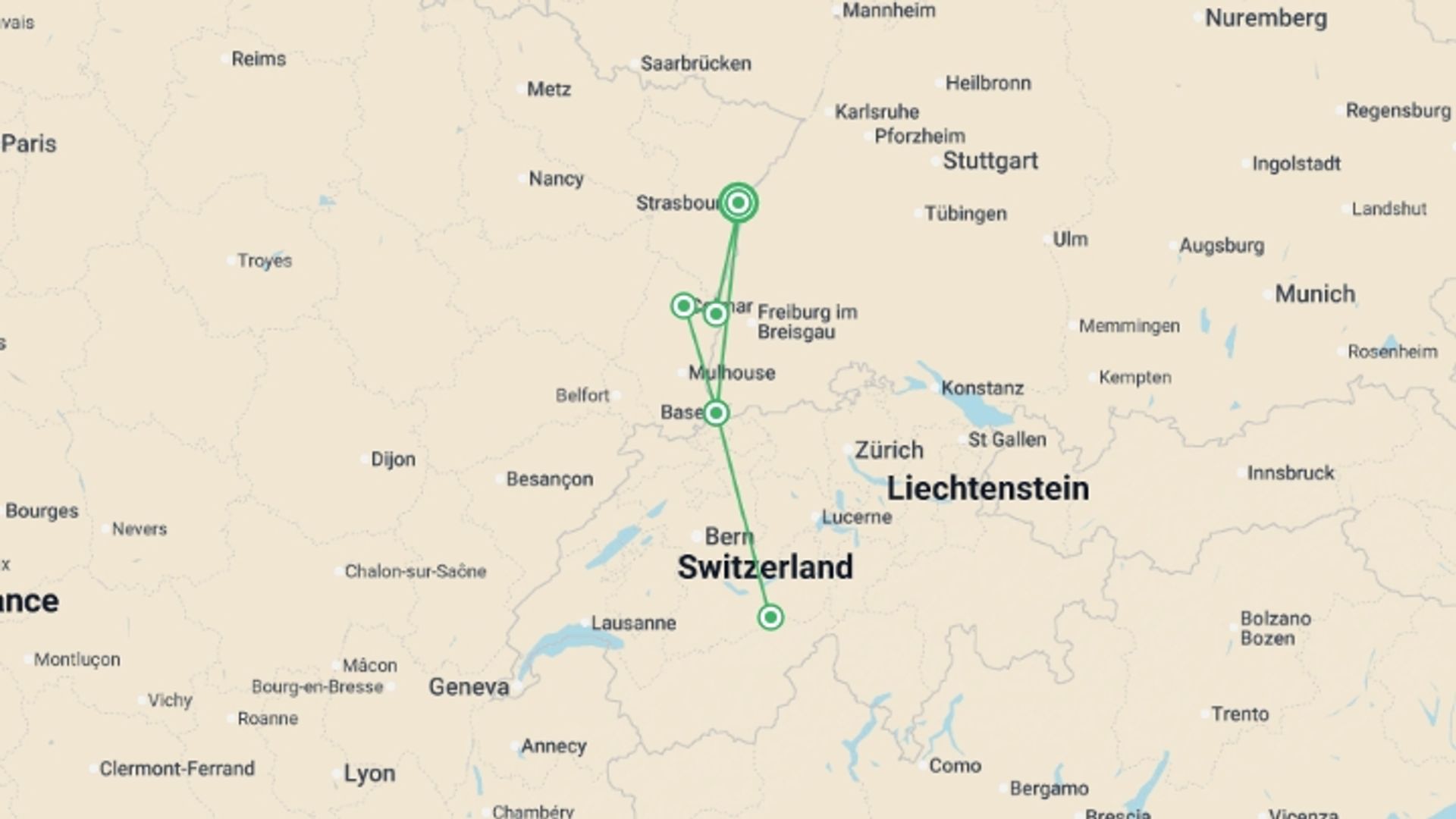 A map showing the tour itinerary for the trip: From the Heart of Alsace to Summits in the Swiss Alps (port-to-port cruise), starting in Strasbourg, France and ending in Strasbourg, France going through 2 other destinations.