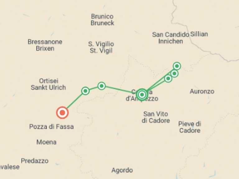 Map of Italy Tour with 5 destination visits for the trip: Walking in the Dolomites