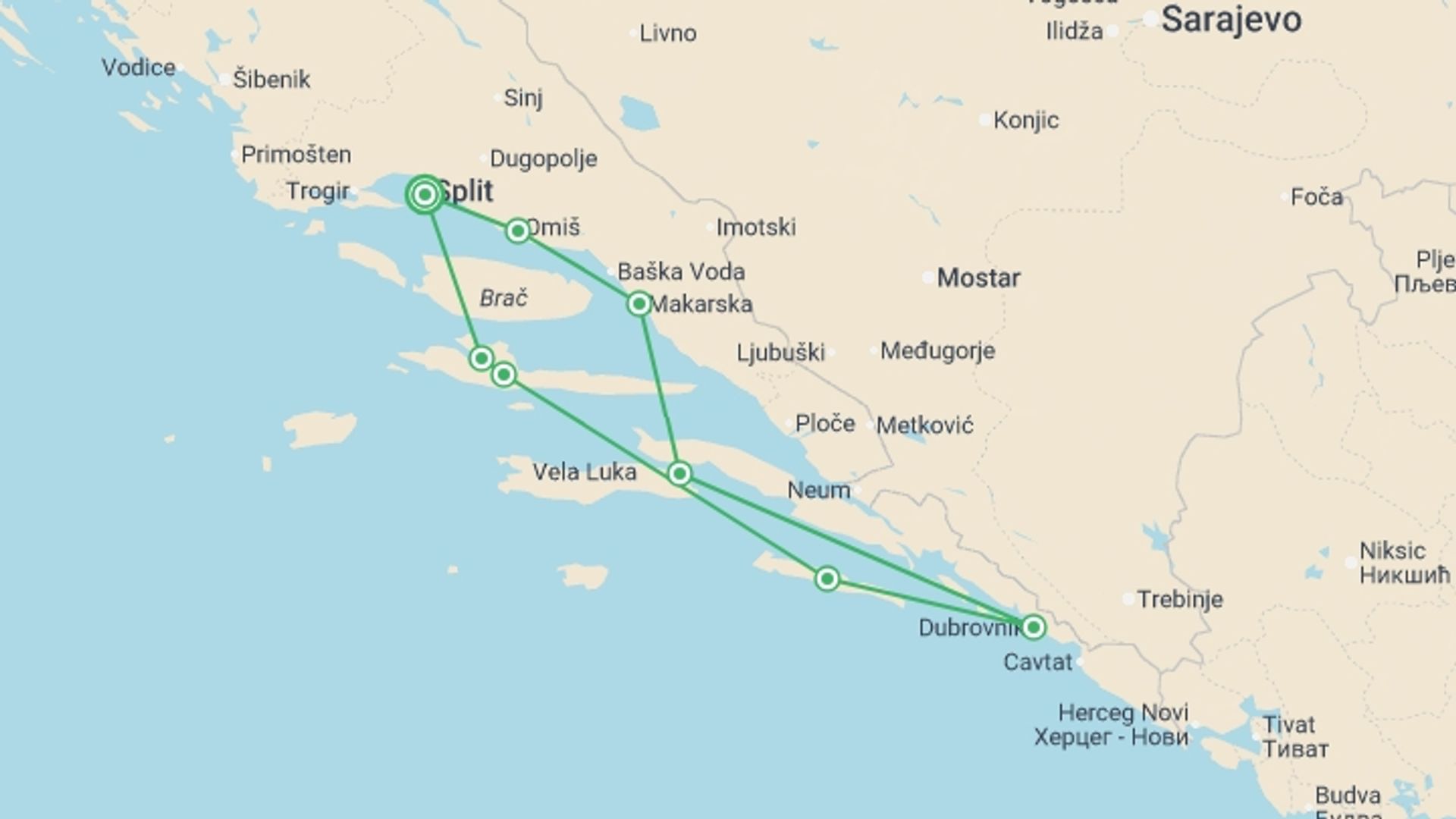 A map showing the tour itinerary for the trip: Croatia Sailing Adventure - 8 days, starting in Split, Croatia and ending in Split, Croatia going through 6 other destinations.