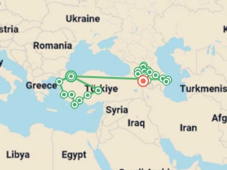 Map itinerary of Canakkale Tour in August 2026 with 16 destination visits for the trip: Premium Turkey & the Caucasus
