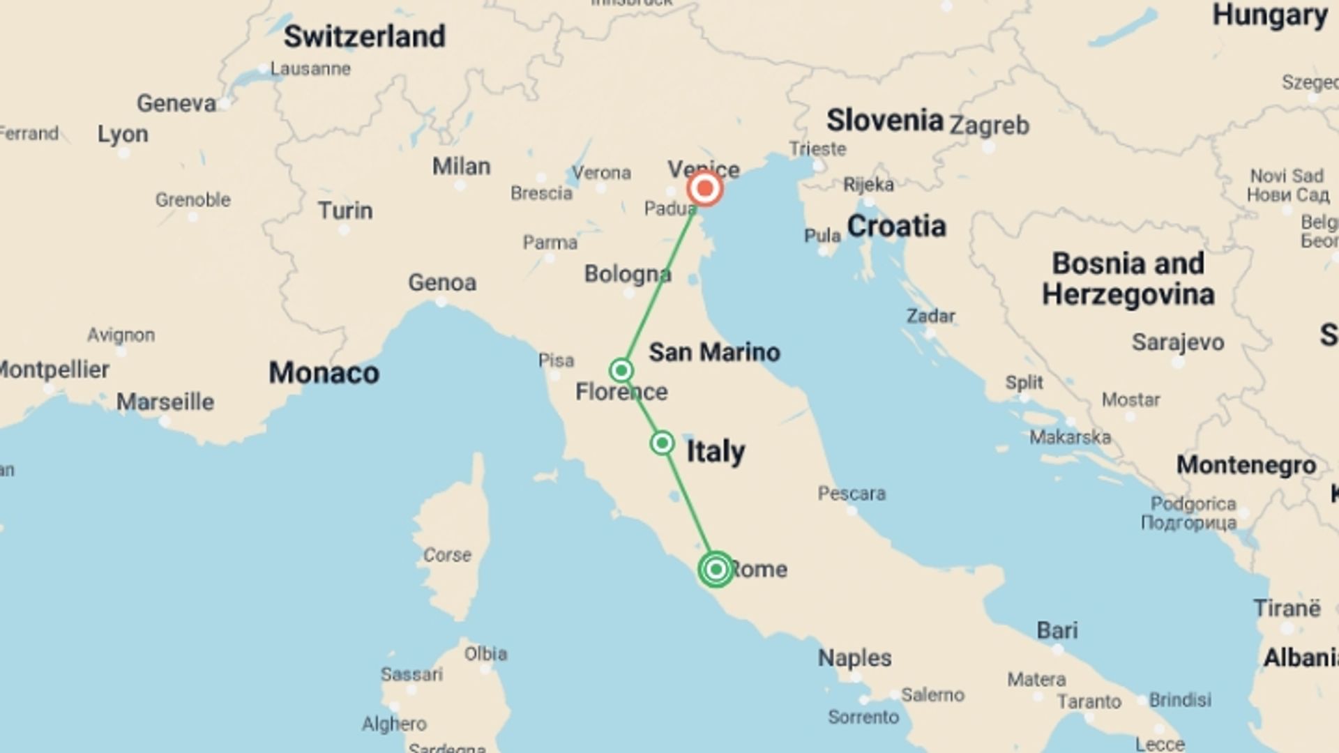 A map showing the tour itinerary for the trip: Christmas in Italy: Rome to Venice, starting in Rome, Italy and ending in Venice, Italy going through 2 other destinations.
