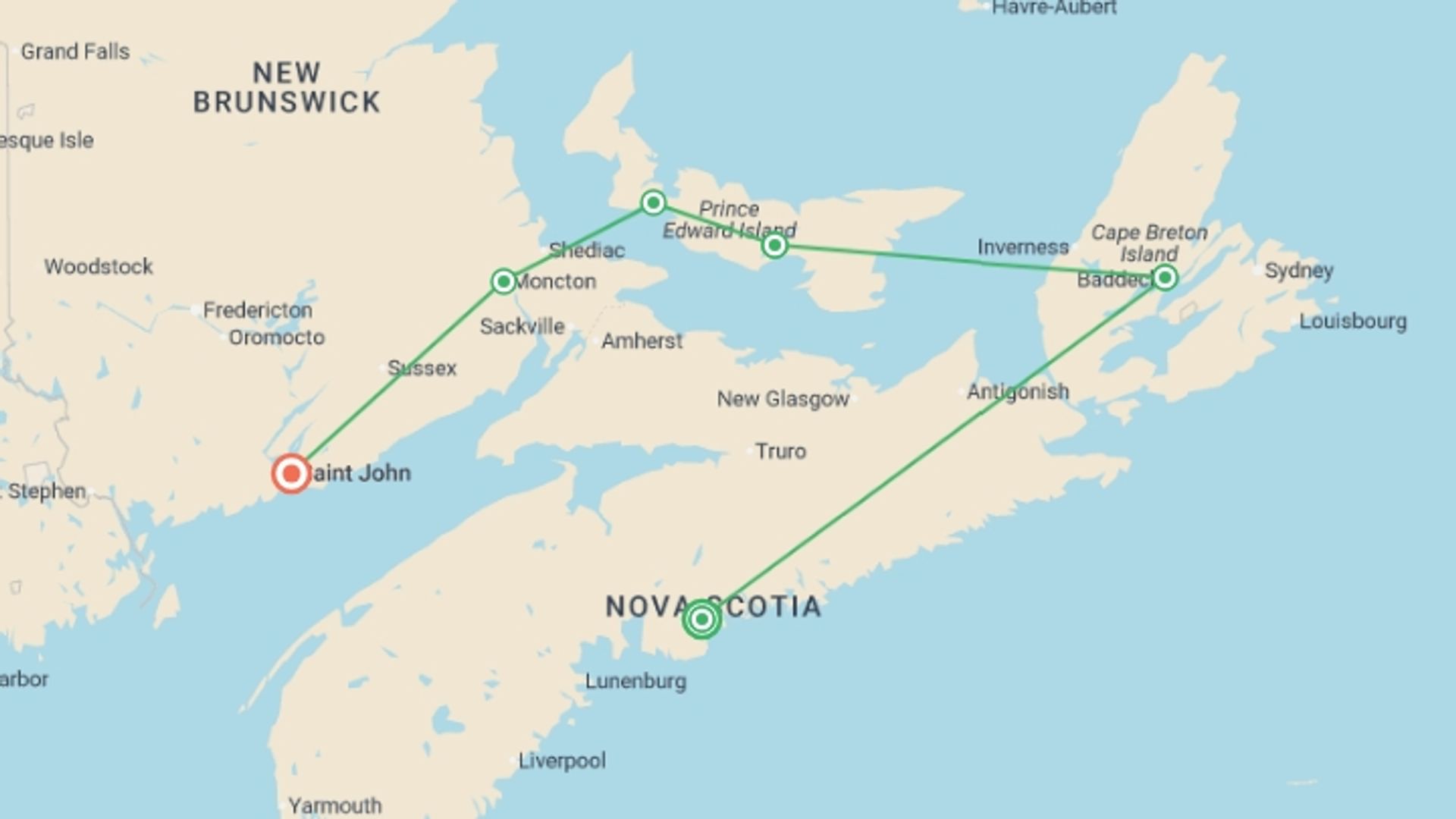 A map showing the tour itinerary for the trip: Best of the Canadian Maritimes, starting in Halifax, Canada and ending in Saint John, Canada going through 4 other destinations.