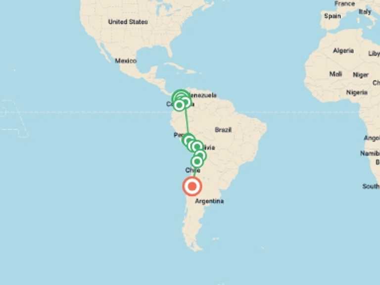 Map itinerary of Africa Tour in September 2026 with 13 destination visits for the trip: Essential Colombia to Chile - 21 days