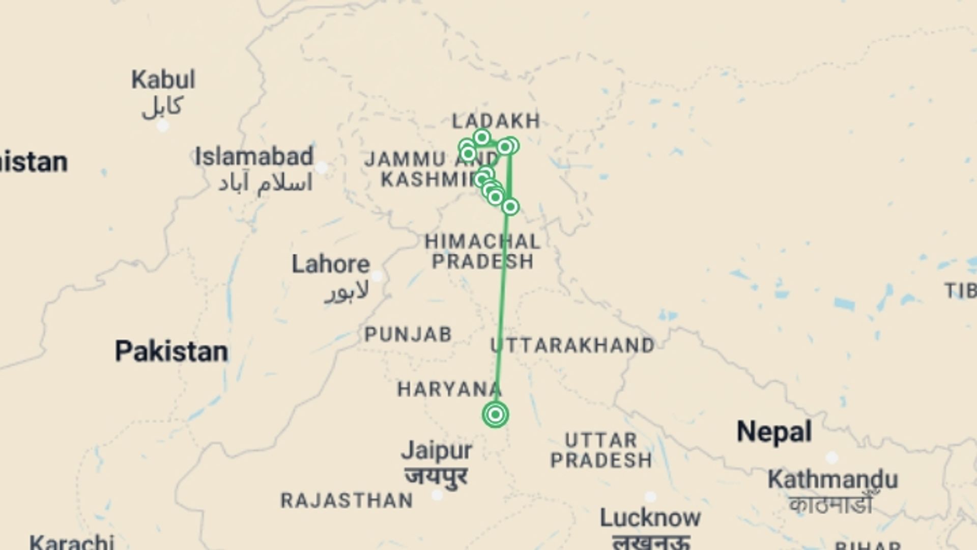 A map showing the tour itinerary for the trip: Zanskar Wild and Remote, starting in New Delhi, India and ending in New Delhi, India going through 13 other destinations.