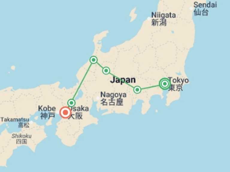 Map itinerary of Asia Tour in April 2027 with 2 destination visits for the trip: Splendours of Japan