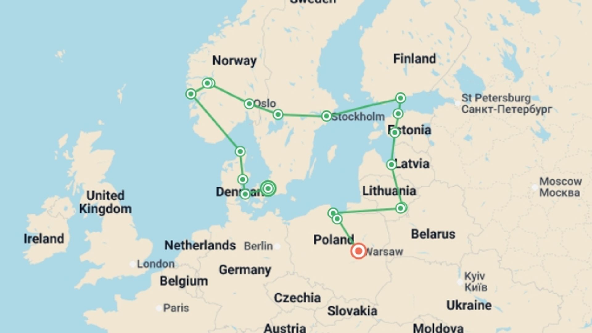 A map showing the tour itinerary for the trip: Best of Scandinavia & the Baltics Christmas & New Year, starting in Copenhagen, Denmark and ending in Warsaw, Poland going through 10 other destinations.