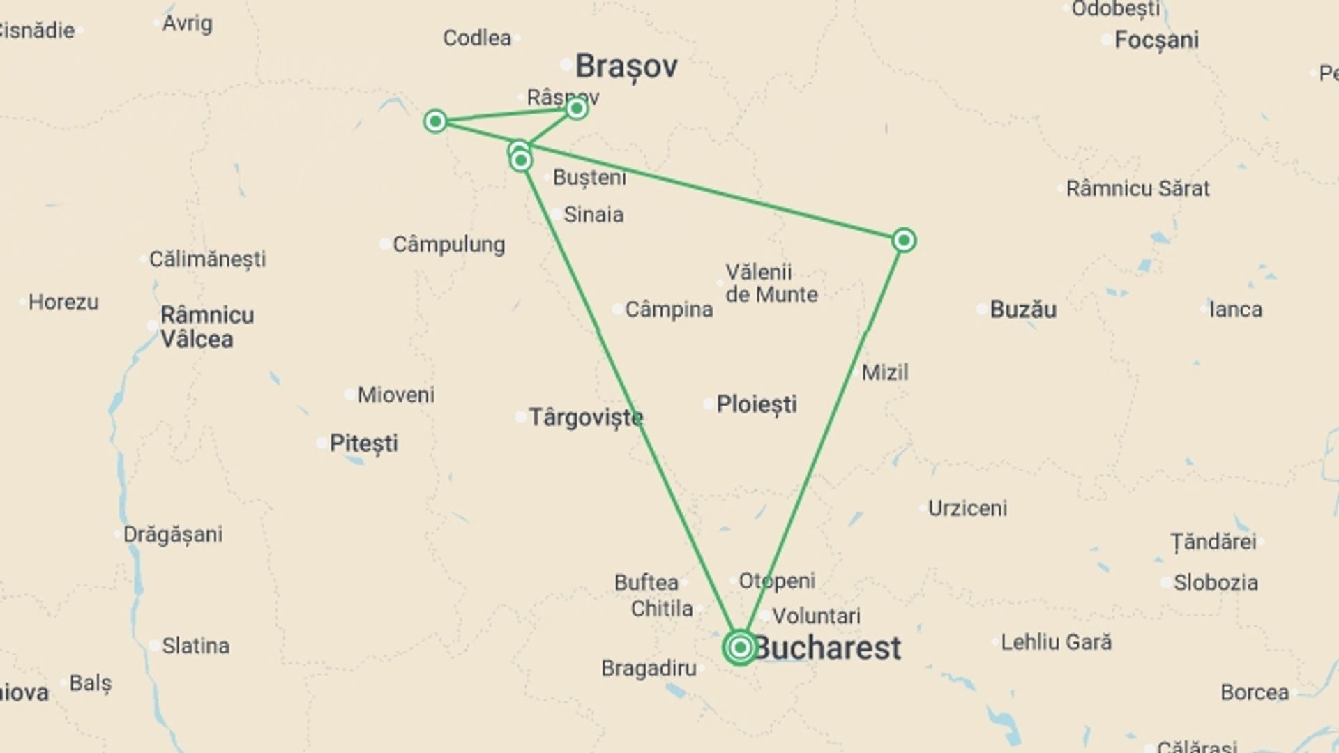 A map showing the tour itinerary for the trip: Summits of the Transylvanian Alps, starting in Bucharest, Romania and ending in Bucharest, Romania going through 5 other destinations.