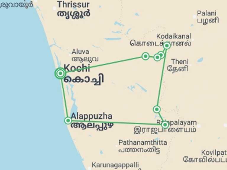 Map itinerary of Asia Tour in February 2027 with 8 destination visits for the trip: Walking in Kerala