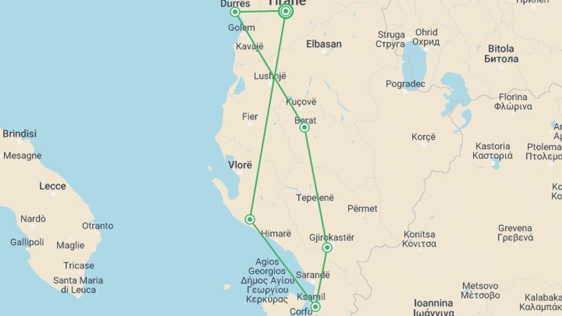 A map showing the tour itinerary for the trip: Mini UNESCO Food Tour – 4 Days , starting in Tirana, Albania and ending in Tirana, Albania going through 4 other destinations.