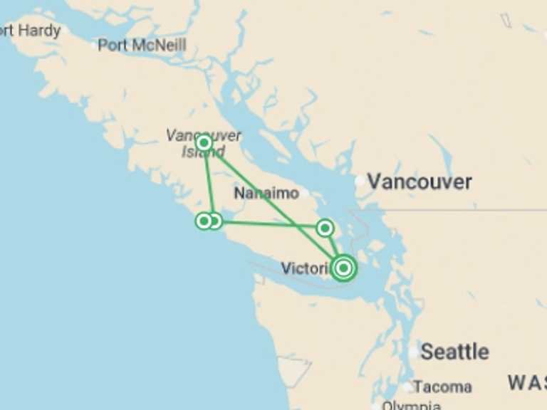 Map of North America Tour with 5 destination visits for the trip: Vancouver Island: Victoria, the Broken Group Islands & Salt Spring