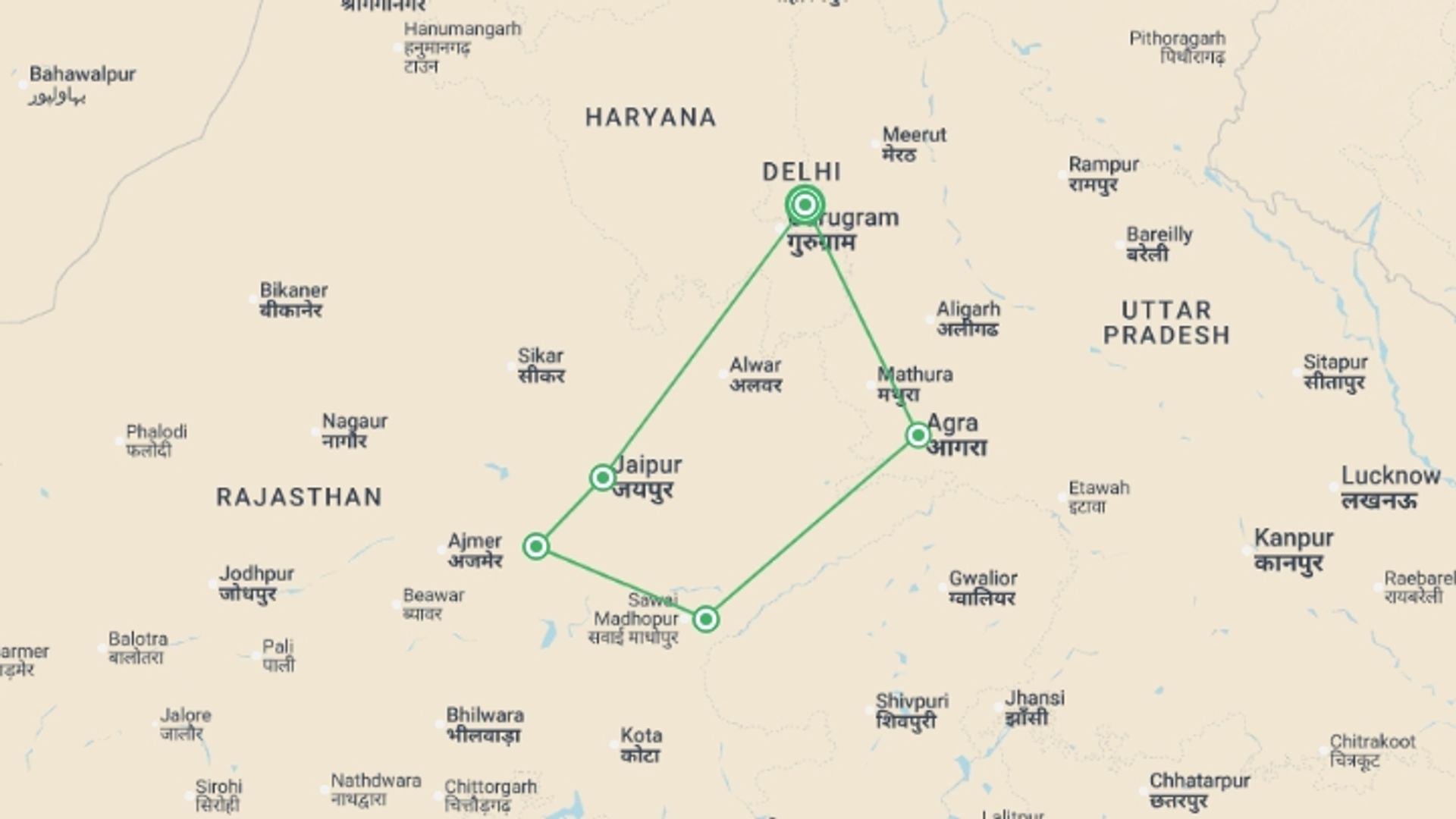 A map showing the tour itinerary for the trip: Family India Golden Triangle Adventure, starting in New Delhi, India and ending in New Delhi, India going through 4 other destinations.