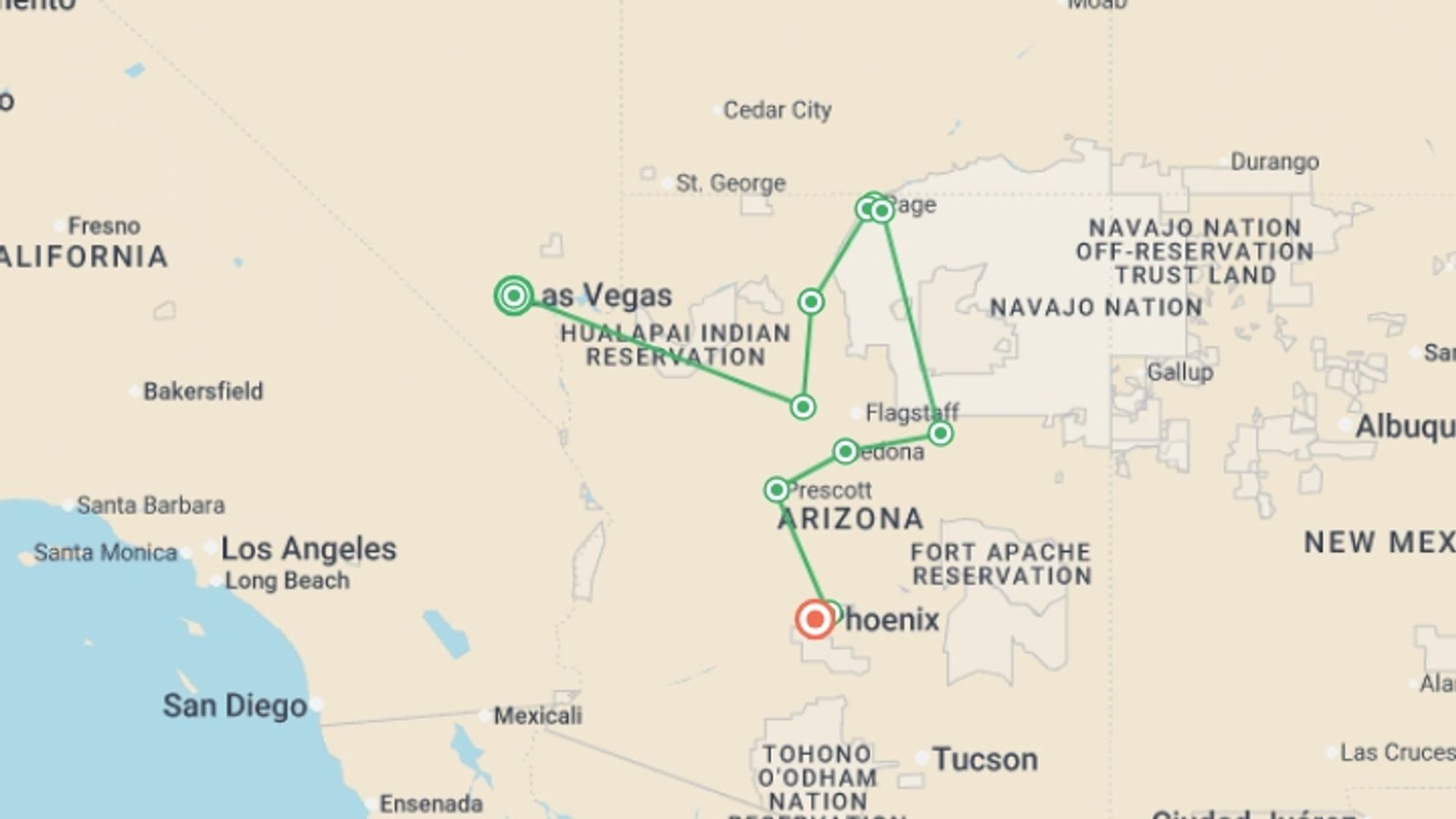 A map showing the tour itinerary for the trip: Vegas to Phoenix & Grand Canyon - 8 days, starting in Las Vegas, USA and ending in Phoenix, USA going through 6 other destinations.