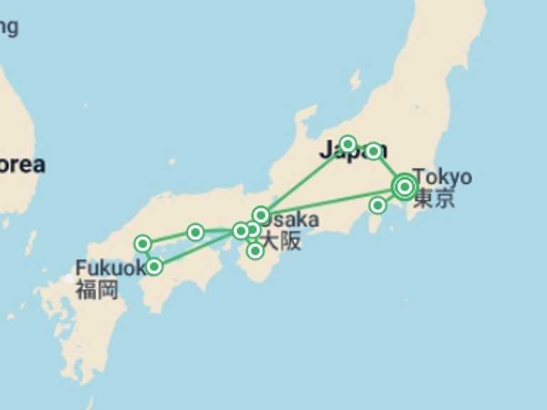 Map of 15-Day Osaka Tour with 11 destination visits for the trip: Japan´s Landscapes and Mount Fuji